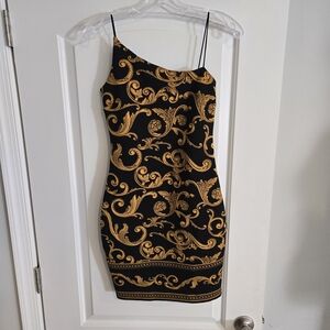 Guess Bodycon Dress Black Gold Baroque Print Sleeveless Mini Cocktail Party Smal